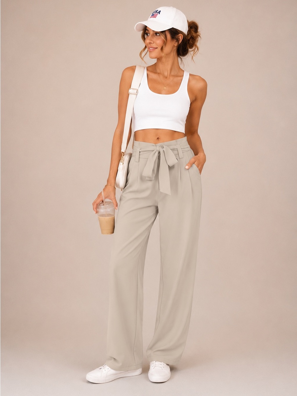 Amazon Wide-Leg High-Waist Tie-Belt Pants in Beige